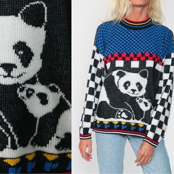 Custom Design Sweaters - Custom Design Rare Vintage 80’s Colorful Geometric Panda Sweater L